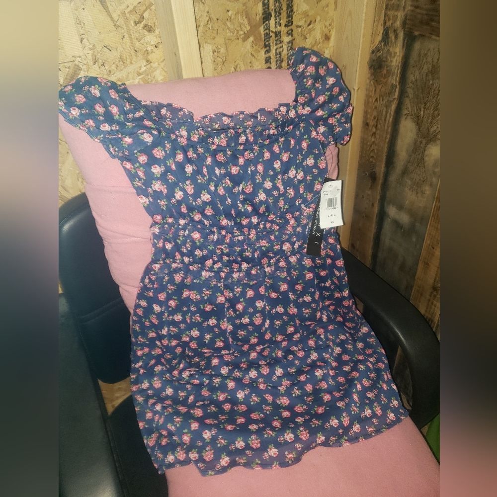 Small Navy Mini Dress W/Red Flowers by Trixxi Clothing Company